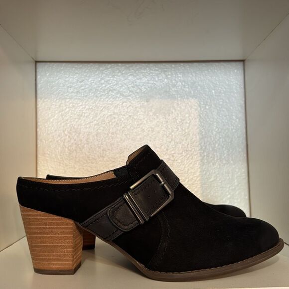 Vionic Black Suede Block Heel Mules Buckle Slip On Comfort Shoes Minimalist - Picture 4 of 14